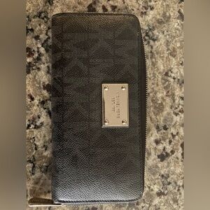 Michael Kors Black Textured Zip-Around Wallet with Silver Plate